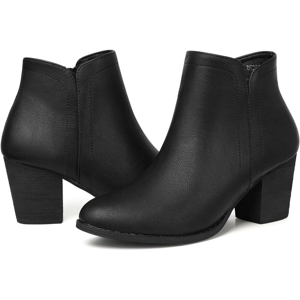 Women's Black Pu Ankle Chunky Heeled Almond Toe Short Zipper Faux Suede Booties
